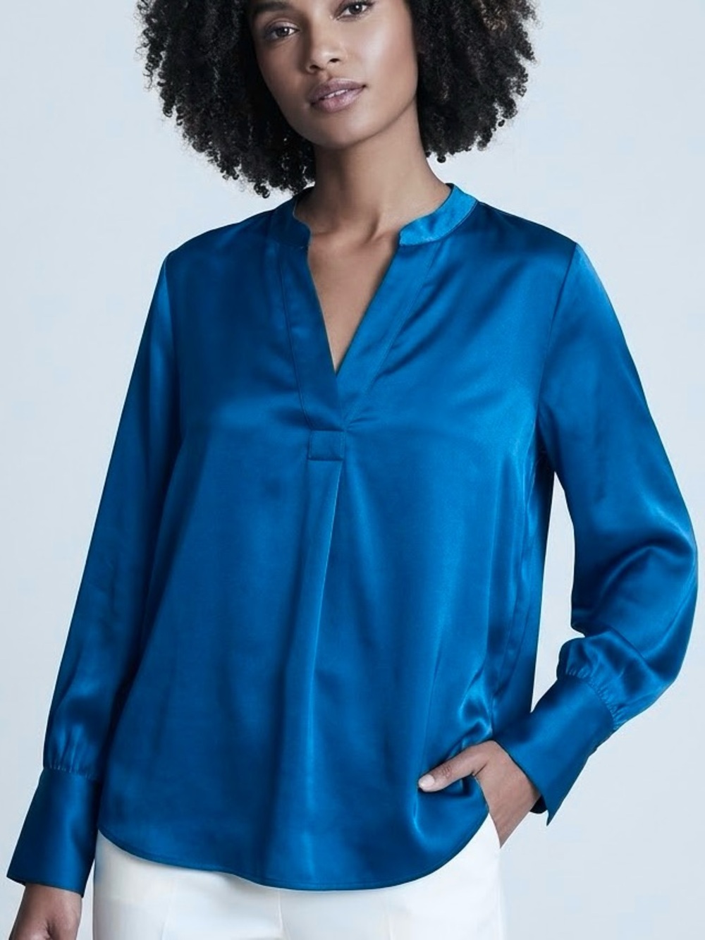 Banana Republic Women's Blue V-Neck Long Sleeve Silky Blouse: Size L petite